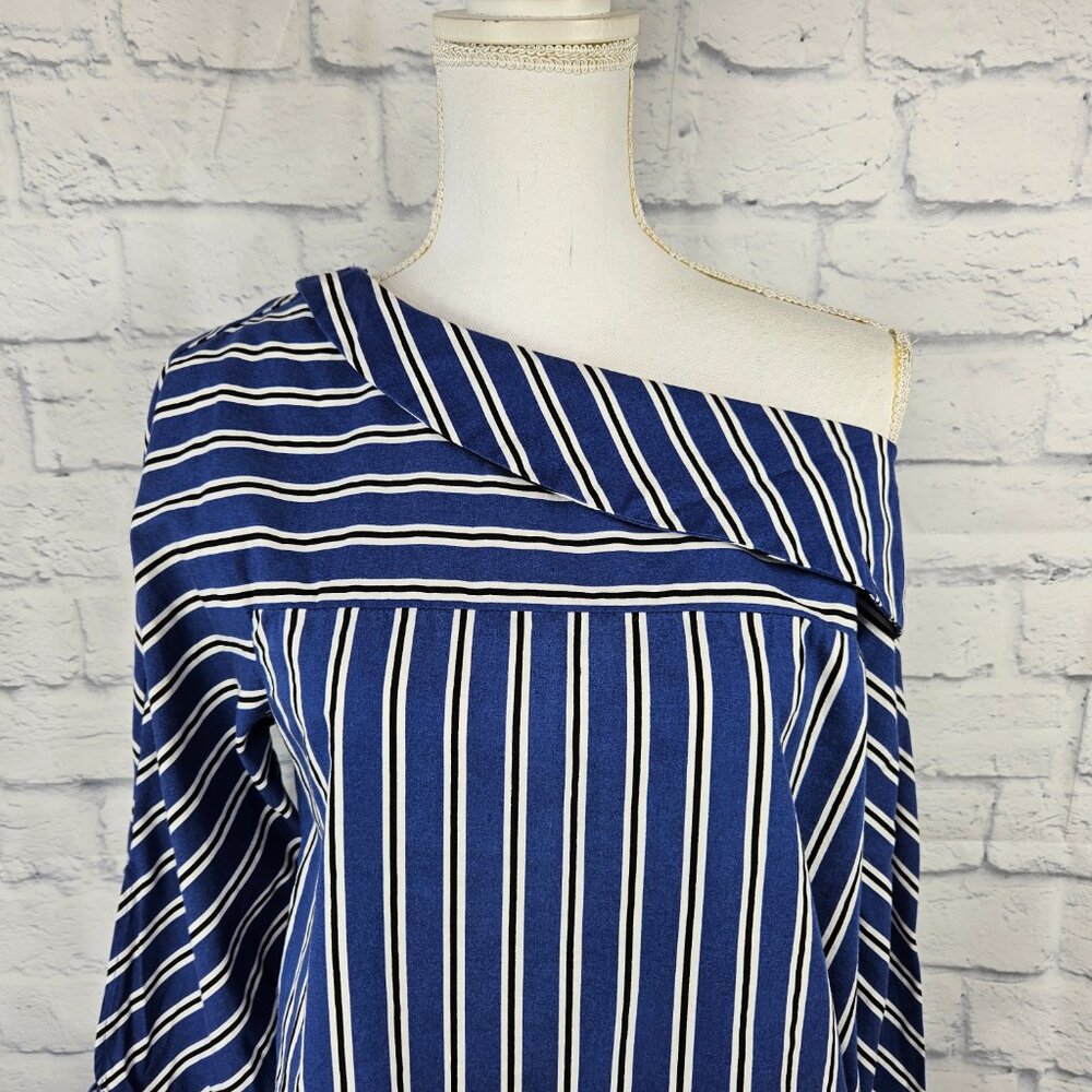 Topshop Sz 4 US Blue Black Striped One Shoulder Tie Sleeve Top Blouse FLAW READ - Picture 3 of 13